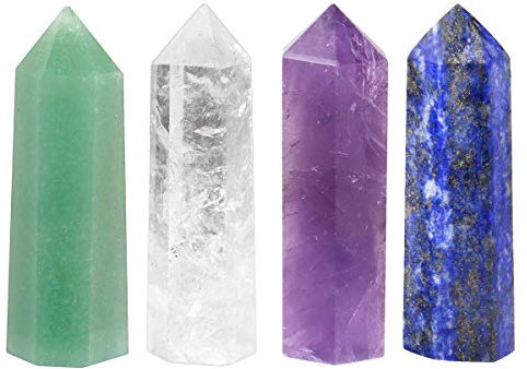 mookaitedecor Natural Healing Crystal Wands Set of 4, Quartz Crystal Stone Hexagonal Point for Chakra Meditation Wiccan Witchcraft Decor Gift, Amethyst & Lapis Lazuli & Clear Quartz & Green Aventurine