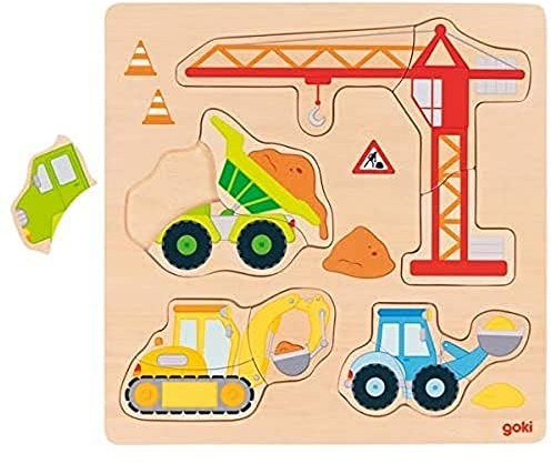 goki 57439 - Einlegepuzzle Baufahrzeuge aus Holz - 4 Motive, 12 Teile