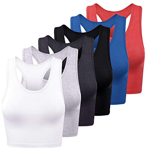 FEPITO 6 Stück Damen Basic Crop Tops Sport Baumwolle Tank Tops Racerback Ärmelloses Top