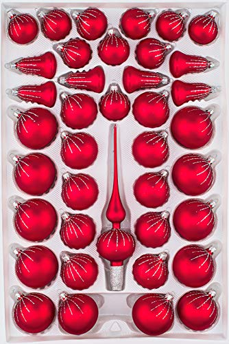 39 TLG. Glas-Weihnachtskugeln Set in 'Classic Rot Silber' Regen - Christbaumkugeln - Weihnachtsschmuck-Christbaumschmuck