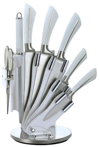 ROYALTY LINE, RLKSS750, Juego de 8 cuchillos de acero inoxidable con soporte, afilador y tijeras, perfectos para chefs y aficionados, ergonómicos, duraderos, 20 cm, negro