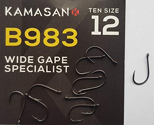KAMASAN B983 WIDE GAPE SIZE 12 FISHING HOOKS WITH ANGLED EYE CARP COARSE TACKLE PERCH DROP SHOT (10 HOOKS PER PACKET)