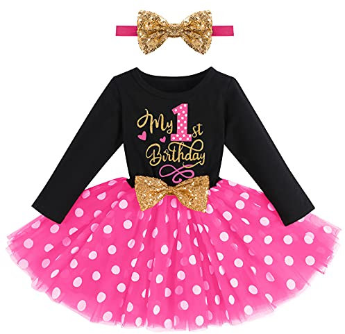 FYMNSI Baby Mädchen Mein Erster 1. Geburtstag Kleid Baumwolle Langarm Gepunktet Tutu Tüllkleid A-Linie Prinzessin Partykleid mit Pailletten Schleife Stirnband Set Fotoshooting Outfit Schwarz + Rose