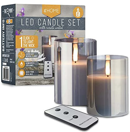 iN LED Candles | LED Candles Flickering | Grey Reflective Glass | Electric Flameless Candle with Remote Control - Battery Operated (Set of 2)