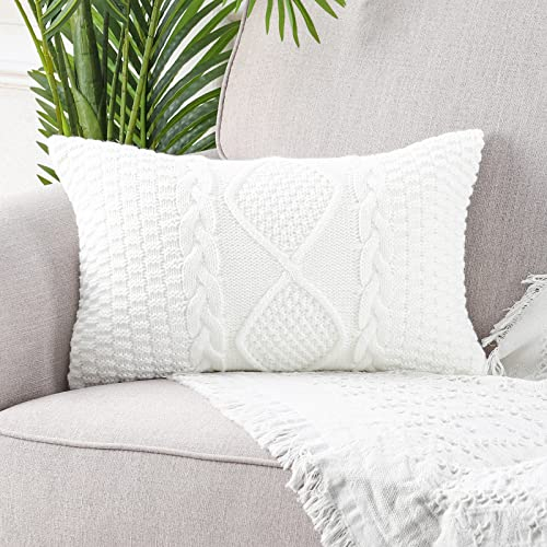 Mandioo Baumwolle gestrickte weiße dekorative Lumbar Wurf Kissenbezüge Weiche Gemütliche Kissenbezug Luxus Moderne Dekorativ Couchkissen Kissenhülle für Sofa Couch Wohnzimmer 30x50 cm
