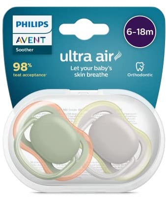 Philips AVENT Ultra Air Schnuller, BPA-freier Schnuller für Babys von 6 bis 18 Monaten, Khaki/Orange und Grau/Gelb, 2er-Pack (Modell SCF085/20)