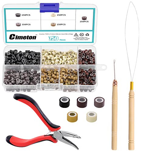 Cimeton 753Pcs Hair Extension Kit, Including Extension Pliers, Pulling Hook, Bead Device, Tool Kits and 750Pcs 5 Colors Silicone Lined Micro Rings for Professional Hair Styling Tools Accessory