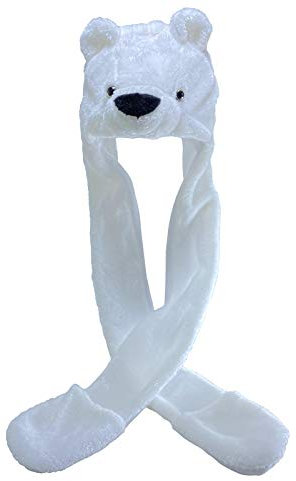 YLfly Plüsch-Tiermütze, 3-in-1-Mütze mit langem Schal, Fäustling-Kombination, volle Taschen, Ohrkappe, Kapuzenpullover, Handschuhe, Weihnachten, Halloween, Party-Kostüm, eisbär, M