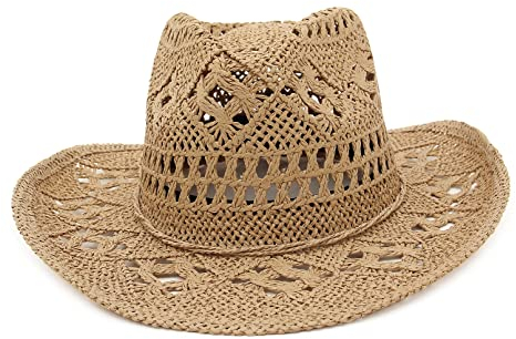 EOZY Men & Women's Summer Cowboy Cowgirl Straw Hat Hollow Out Style Roll Up Brim Beach Sun Hat for Ladies Coffee