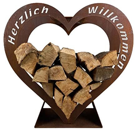Generisch Kaminholzregal Regal Holz Aufbewahrung Herz Design Deko Größe mittel B/H/T 58x55x20,50 cm (rostfarben)