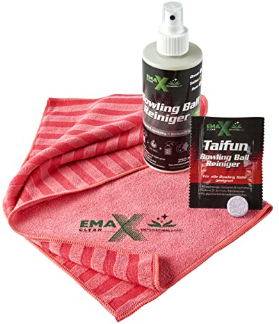 EMAX CLEAN Taifun | Bowling Ball Reiniger | Allzweck-Reiniger für alle Bowlingbälle | Effektive Reinigung von Bowling-Kugeln | Ball-Cleaner in Tab-Form | Made in Germany | Tab & Flasche & Tuch