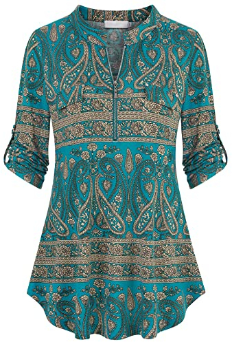 Lalala Langarmshirt Damen V-Ausschnitt Karierte Bluse Lässige Frühling Büro Oberteile Aquamarine Beige M