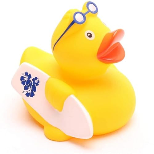 Duckshop I Badeente Surfer I Quitscheente L: 7,5 cm I inkl. Quietscheentchen -Schlüsselanhänger I Geschenk Wassersportler I Präsent Sammler