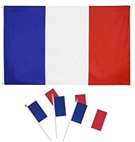 1 pièce drapeau français avec deux trous métalliques et 3 pièces 14X21cm petit drapeau français avec mât (drapeau agitant à la main), adapté à de nombreux endroits