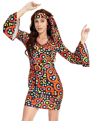 JNAOZI 70er Jahre Kostüm Dicso Kleid für Frauen - Hippie-Kleid mit Kopftuch - Disco Outfit Frauen für Halloween (L)…