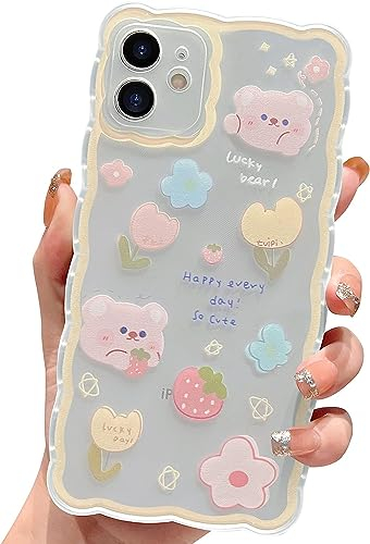 EYZUTAK Handyhülle für iPhone SE (5G) 2022 iPhone 7 iPhone 8,Transparent Gewellter Handyhülle mit Niedliche Cartoon Blume Erdbeere Bär Hülle Weicher Schutzhülle TPU Cover Für Frauen und Mädchen-Gelb