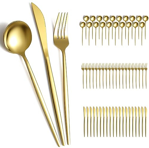 Evanda Gold Cutlery Set 60 Piece Service for 20, Titanium Gold Plated Stainless Steel Flatware Set, Knives Forks Spoons Cutlery Set for Wedding, Parties, Birthday, Restauroom, Dishwasher Safe