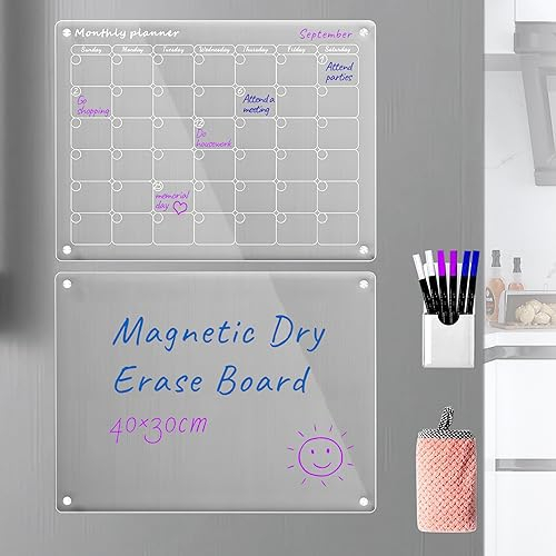 SENSING Pizarra magnética acrílica de borrado en seco y calendario para nevera,juego de 2 calendarios transparentes para refrigerador,planificador reutilizable,incluye 6 marcadores de borrado en seco