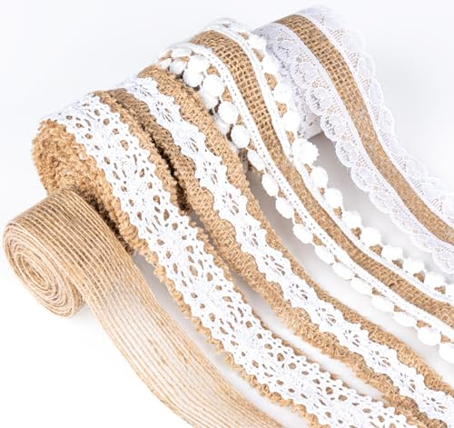 Adorfine Juteband mit Spitze, 5x2M Vintage Juteband Natur Stoffband Jute Rolle Spitzenband für Weihnachten Hochzeitsdeko Tischdeko Glasflasche DIY Handwerk Basteln Party