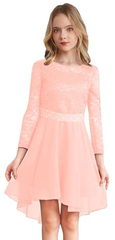 YiZYiF Vestito Bambina Elegante Lungo Abito Cerimonia Ragazza Vestito Principessa in Pizzo Manica Mezza Abito de Festa Sposa di Compleanno Rosa 11-12 Anni