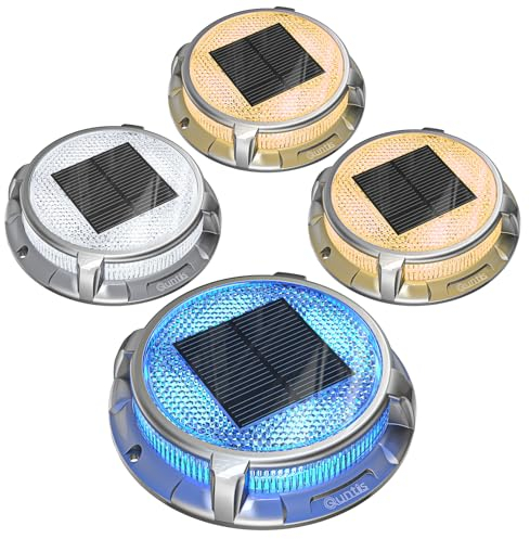 Quntis Solar Bodenleuchten Außen Aluminium 4 Pack 3 Farben Warmweiß Kaltweiß Blau, IP68 wasserdichte Solar Deck lights Outdoor, 20 Tonnen belastbar, Solarleuchten Garten Treppen Gehwege Pfade Balkon