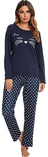Mchodare Pyjama pour Femme,Pantalon à Carreaux décontracté Pyjama,Ensemble de Pyjama Femme Coton,Motif Chat imprimé Dessin animé Pyjama Femme vêtements de Nuit vêtements de Maison,Blue XXL