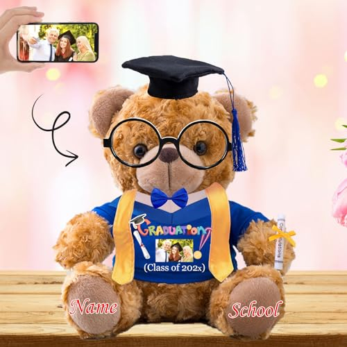 JABECODIFA Graduation Teddy Bear 2025 with Graduation Stole and Glasses, Personalised Bear with Bow as 2025 Graduation Gifts for Him/Her as College Graduation Gift for Girls/Boy (8 IN-Text+Photo)