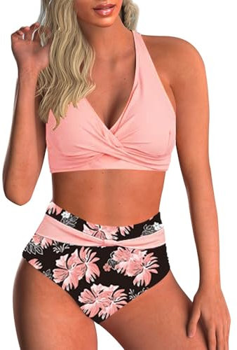 Yutdeng Maillots de Bain Femmes 2 Pieces Crossover Push Up Bikini Sets Tribal Print Ensemble de Tankini Dos Nu Croix Maillots Deux Pièces Froncé Bas de Bikini Taille Haute Imprimé,Rose,S