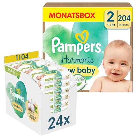 Pampers Harmonie New Baby Wipes Set mit Windeln Größe 2 (4-8kg, 204 Stück) MONATSBOX, und New Baby Feuchttücher, 1104 Tücher (24 x 46)