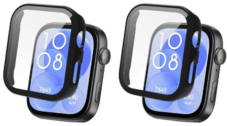 HeeYeal 2 Pack Funda Compatible con Huawei Watch Fit 3, con Cristal Templado Protector de Pantalla, [Dureza 9H, Anti-rasguños] PC Carcasa Protectora para Huawei Watch Fit 3 - Negro + Negro