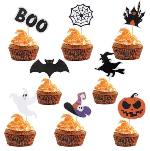 ZALAON Halloween Cupcake Toppers, 48 Pieces: Bat, Witch, Pumpkin, Castle & More - Cake Decoration for Halloween Party Supplies