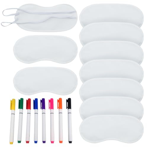 10 Stück weiße Augenabdeckungen, Party-Spiel-Augenmasken, Schlafschatten, Augenbinde, Satin-Augenabdeckung, Schlafmasken, Reise-Schlafmasken mit 8 Stoffmarkierstiften für Mädchen und Kinder
