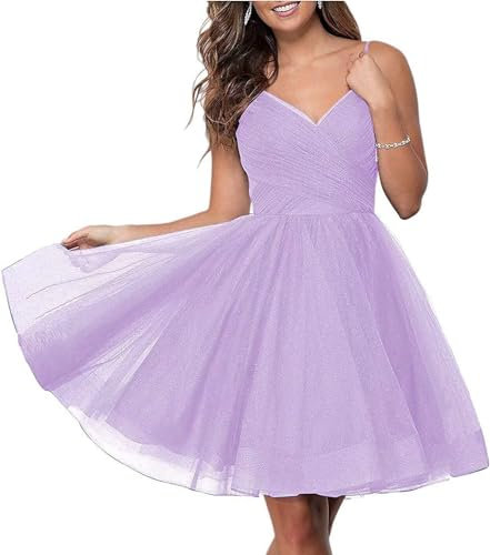 Junior's Short Homecoming Dresses Glitter Tulle Graduation Dress V Neck A-Line Prom Dresses for Teens 2024 Lilac JY08 18
