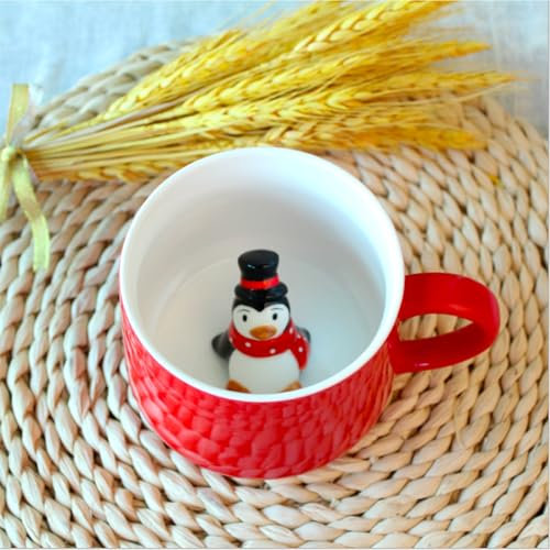 DIKARIYA Weihnachtstasse, 350ML 3D Tasse Weihnachten mit Weihnachtspinguin Süße Weihnachtsbecher aus Keramik, Lustige Tasse Weihnachtsgeschenke für Frauen Kinder, Morgen Cup Tee Milch Becher Teetasse