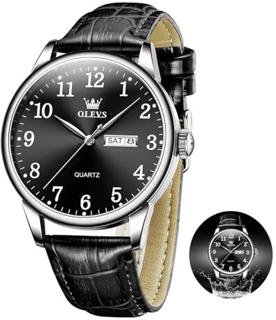 OLEVS Schwarz Armbanduhr Herren Wasserdicht Arabische Ziffern Großes Zifferblatt Uhren Herren mit Datumsanzeige Kleid Herrenuhren mit Lederarmband Quarz Analog Uhren für Männer Leuchtend Geschenke