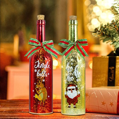 2 Packs Christmas Wine Bottle Lights with Cork, Christmas Table Decorations, Xmas Christmas Centerpieces for Dining Table, Christmas Decorations with LED Light, Battery Operated Lamp