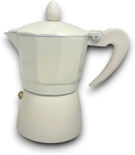 Caffettiera Moka Classica Disponibile in Versioni da 1, 2 o 3 Tazze Design Elegante in Alluminio Verniciato Manico Ergonomico Antiscottatura Effetto Legno, Caffè Italiano (Crema - 3 tazze)