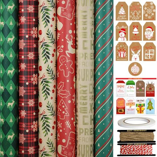 FullJoyHut 6 Rollen Weihnachtsgeschenkpapier je 43cm x 3M - Geschenkpapier Weihnachten Rollen Set Kraftpapier Weihnachtspapier mit Geschenkanhänger Geschenkband für Xmas Geschenkverpackung