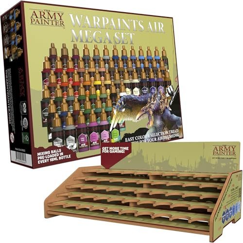 The Army Painter, Warpaints Air Mega Set Combo, 60 x 18 ml Vorgefertigte Acrylfarben für Airbrush, Inkl. 9 Metallics, 1 Fluo & 1 Projekt-Malstation - Airbrush-Miniaturmodellfarbe für DnD & Warhammer