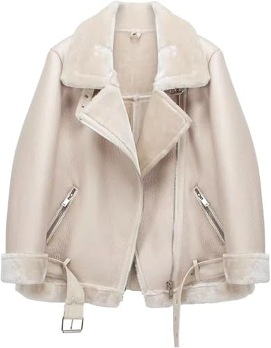 Veste de Moto en Fausse Tonte pour Femme Parka doublée épaisse Manteau en Peau de Mouton retournée d'hiver Veste en Cuir (Beige,XL)