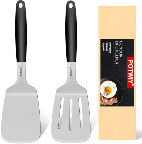 POTWIY Stainless Steel Wide Spatula Set, Solid and Slotted Turner with Silicone Handle, Metal Spatulas for Kitchen Use, Cast Iron Skillet Cooking and Griddle Spatula, Smash Burger and Pancake Spatula