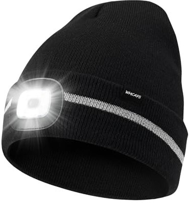 Wmcaps Mütze mit LED Licht, Wintermütze mit 4 LED Lampe, Wiederaufladbare Type-C Strickmütze mit Reflektierendem Lichtstreifen, Winter Warme Geschenke Laufmütze für Herren und Damen,Schwarz