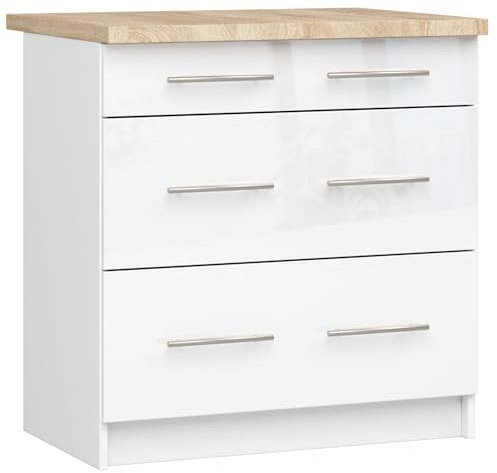 AKORD | Küchenschrank mit Arbeitsplatte - Oliwia S80 | Küchenunterschrank mit 3 Schubladen | Unterschrank Küche 80 cm Breit | ABS-Kante 18 mm | 46 x 80 x 85 cm | Weiß & Weiß glänzend