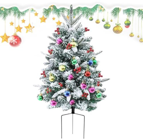 Alberi di Natale su Picchetto esterno, Albero di Natale per | Alberi di Natale da 29.5 Pollici con Neve, Albero di Natale illuminato da esterno, decorazione di pino, luci in Plastica