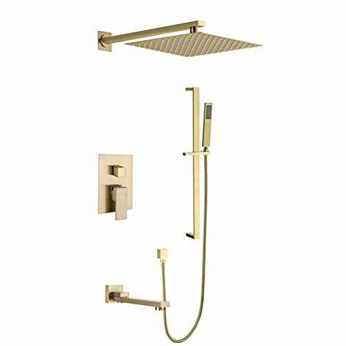 Système de douche doré brossé, robinet de douche mural à barre coulissante avec pommeau de douche à effet pluie de 25,4 cm, douche à main, bec de baignoire, robinet de douche en laiton