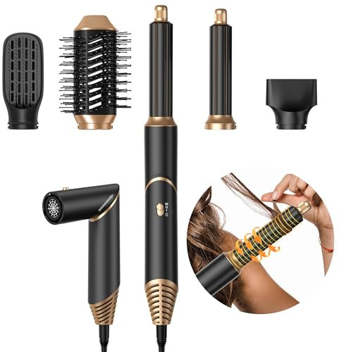 UKLISS 5 in 1 Airstyler mit Luft-Lockenstab Ionen Haartrockner Warmluftbürste Multistyler 5 in 1 Airbrush Set Hairstyler mit Stylingbürsten Zubehör Haarstyler Styling Geschenken für Frauen, Schwarz