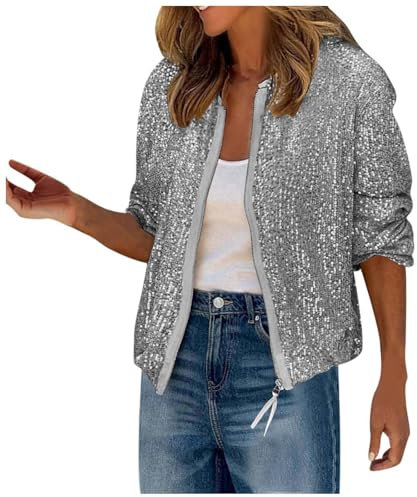Glitzer Jacke Damen Glitzer Blazer Damen Elegant Anzug - Glänzend Pailletten Jacke Cardigan Langarm Bolero Tops Kurz Oberteile Sakko Einfarbig Blazermantel Party Outwear