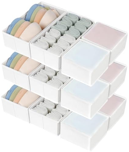 DIMJ 12-Pack Foldable Fabric Drawer Organisers - Multi-Size Storage Boxes for Clothes, Underwear, Socks - White Wardrobe Organiser Set for Bedroom, Closet, Nursery