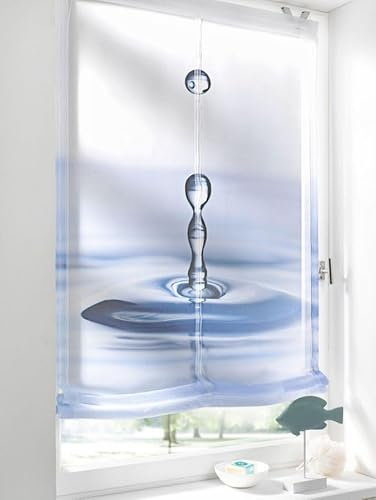 Raffrollo Gardine Raffgardine Bändchenrollo Vorhang Voile OHNE Haken für Fenster in blau transparent 1 Stück BxH: 80 x 140 cm