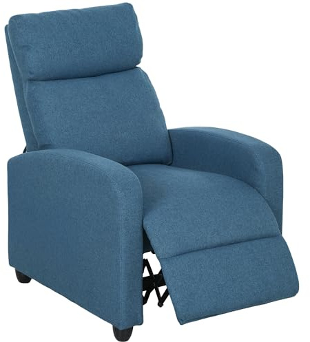 HOMCOM Push Back Recliner Armchair, Linen Fabric Reclining Chair with Adjustable Leg Rest, Single Padded Seat Sofa Lounge for Living Room, Bedroom, Blue